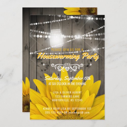 Barnwood Lights Mason Jar Sunflower Housewarming Invitation
