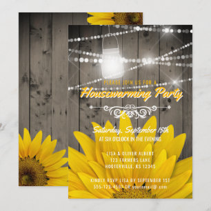 Barnwood Lights Mason Jar Sunflower Housewarming Invitation