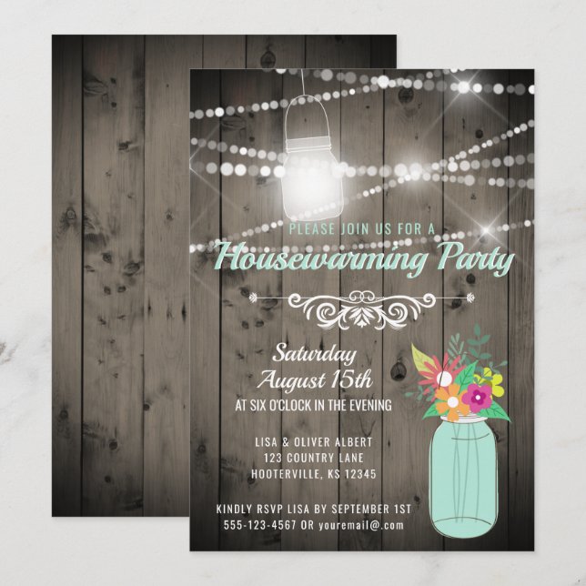 Barnwood Lights Mint Mason Jar Rustic Housewarming Invitation (Front/Back)