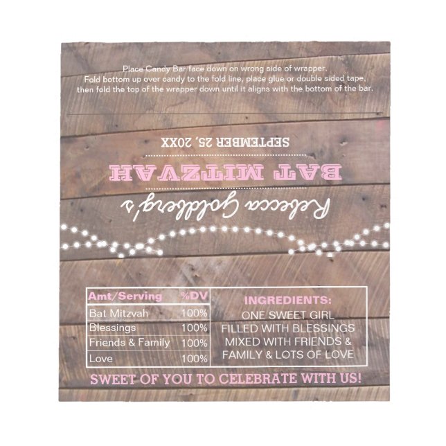Barnwood Lights Pink Bat Mitzvah Candy Wrappers Notepad (Front)