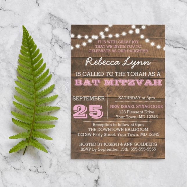 Barnwood Lights Pink Bat Mitzvah Custom Invitation (Creator Uploaded)