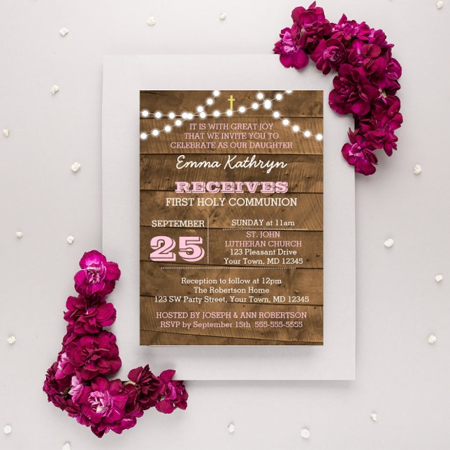 Barnwood Lights Pink First Communion Invitation (Creator Uploaded)