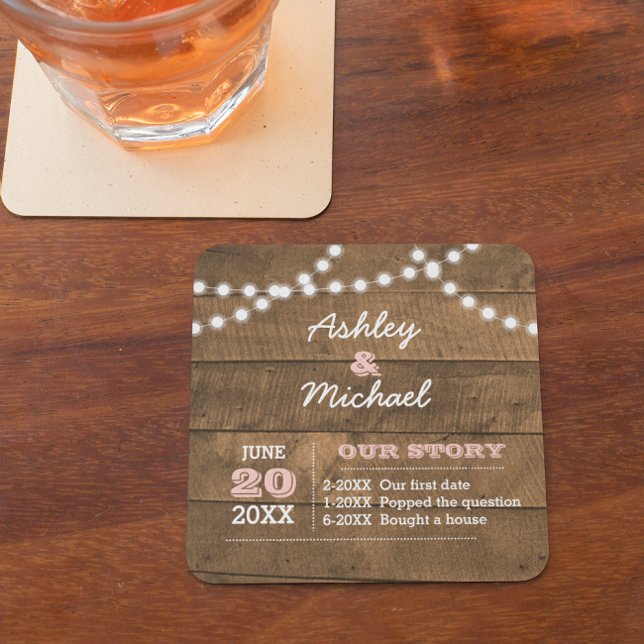 Barnwood Lights Pink Personalized Wedding Coaster (Creator Uploaded)