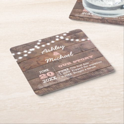 Barnwood Lights Pink Personalized Wedding Square Paper Coaster