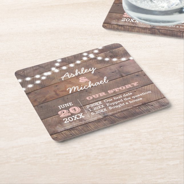 Barnwood Lights Pink Personalized Wedding Square Paper Coaster (Angled)
