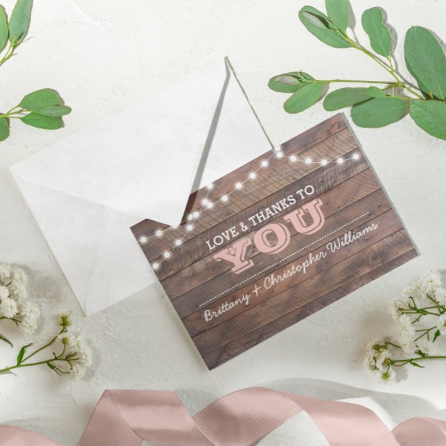 Barnwood Lights Pink Wedding Thank You Note Card (Creator Uploaded)