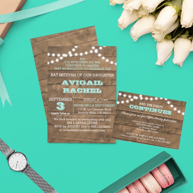 Barnwood Lights Teal B"H Bat Mitzvah Invitation (Creator Uploaded)