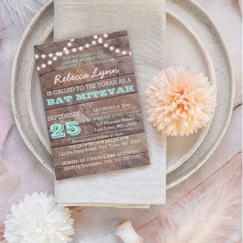 Barnwood Lights Teal Bat Mitzvah Invitation