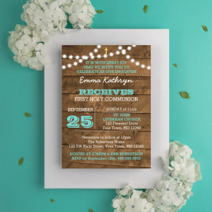 Barnwood Lights Teal First Communion Invitation