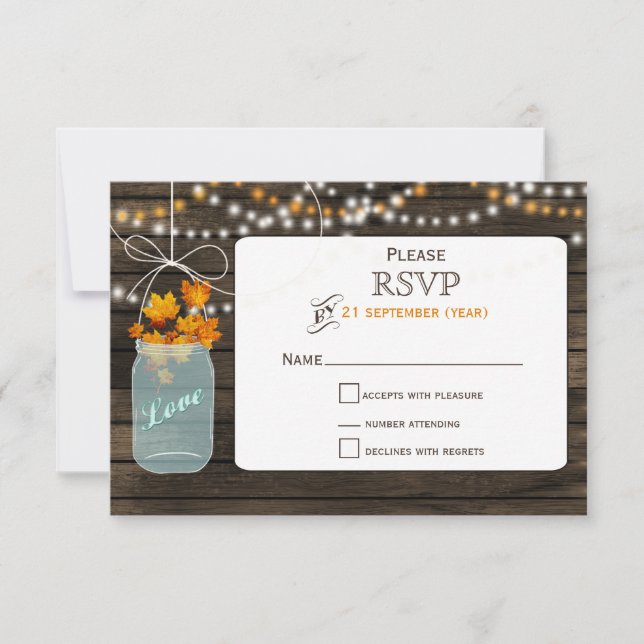 Barnwood mason jar fall wedding RSVP 3.5 x 5 Card (Front)