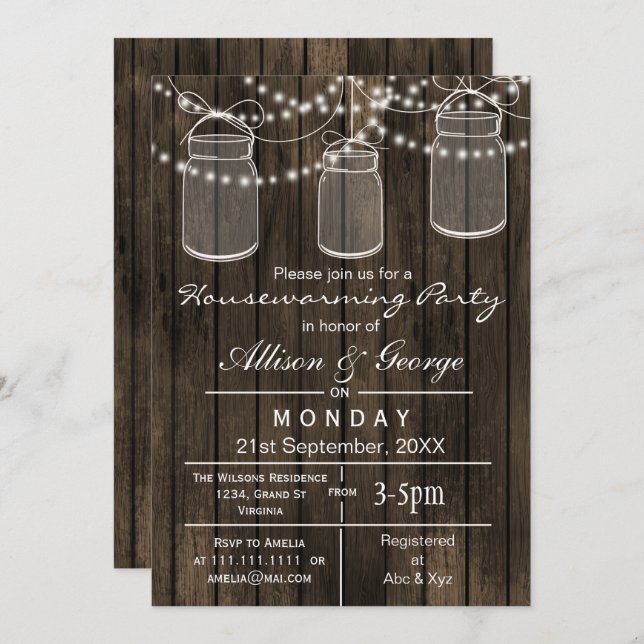 Barnwood mason jar rustic housewarming invites (Front/Back)