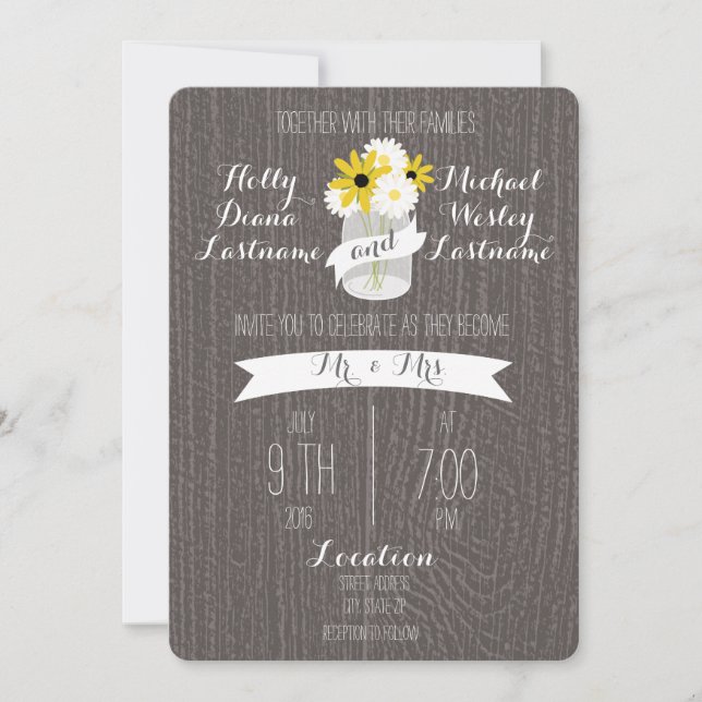 Barnwood +  Mason Jar Wildflowers Wedding Invitation (Front)