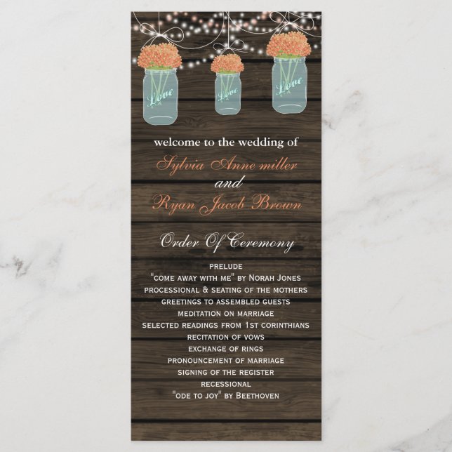 Barnwood mason jars, coral flowers programs (Front)