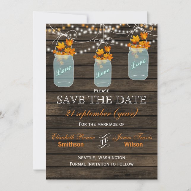 Barnwood mason jars maple fall save the date (Front)