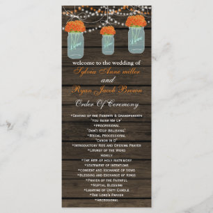 Barnwood mason jars,orange flowers programs