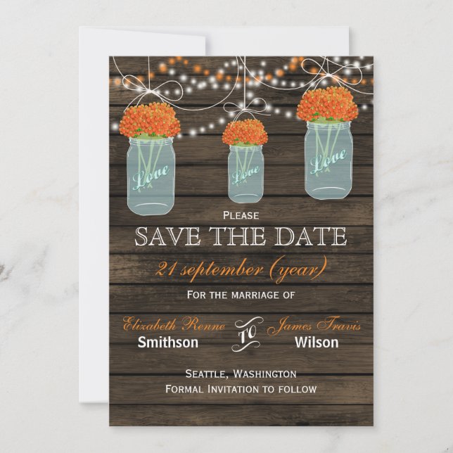 Barnwood mason jars orange flowers save the date (Front)