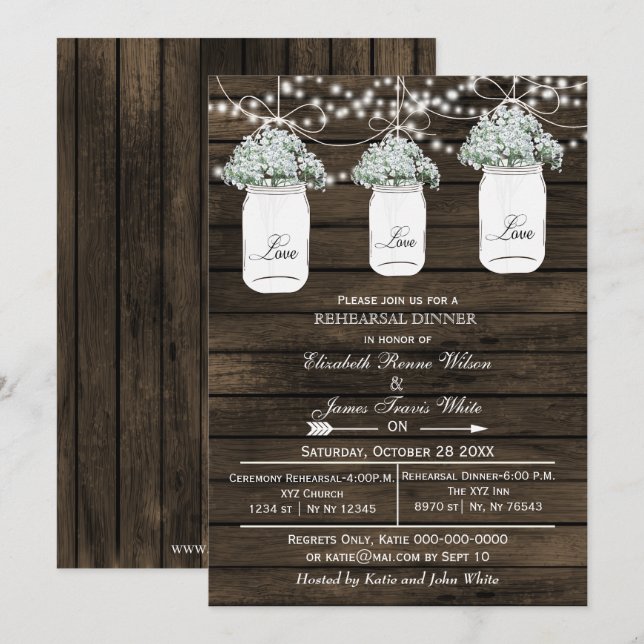 Barnwood mason jars rehearsal dinner invite (Front/Back)