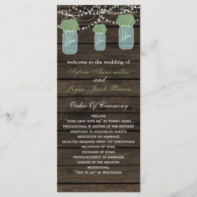 Barnwood mason jars, sage flowers programs (Front)