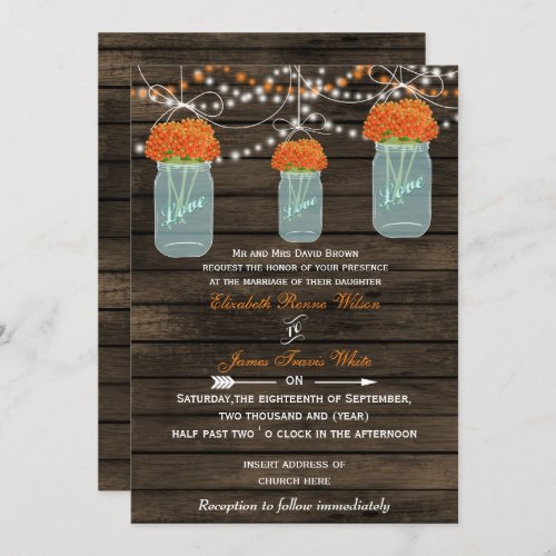 Barnwood orange mason jar wedding invitation