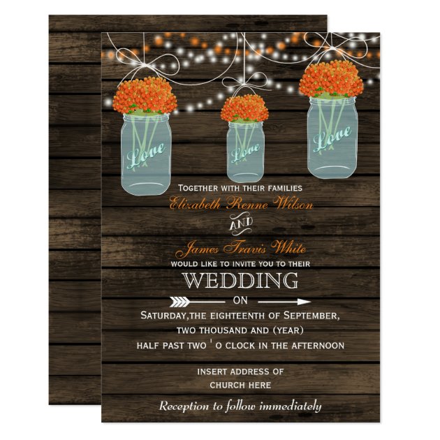 Barnwood, Orange Mason Jar Wedding Invitations