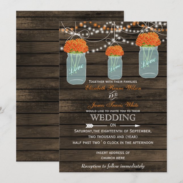 Barnwood, orange mason jar wedding invitations (Front/Back)
