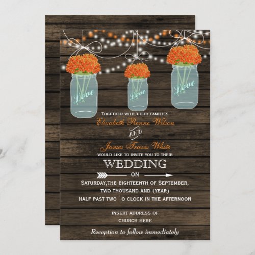 Barnwood orange mason jar wedding invitations