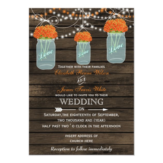 Barnwood, Orange Mason Jar Wedding Invitations