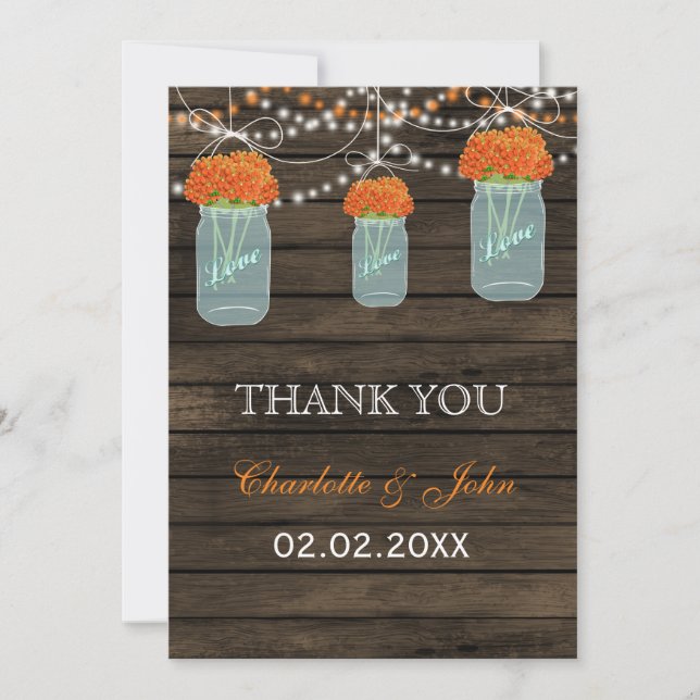 Barnwood orange mason jars Thank You Invitation (Front)