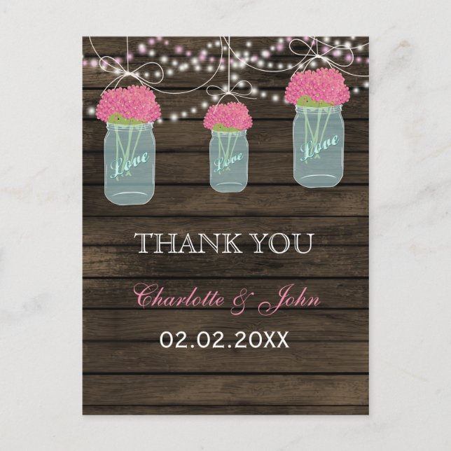 Barnwood  pink flowers mason jars Thank You notes (Front)