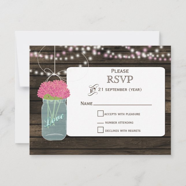 Barnwood  pink flowers mason jars wedding RSVP (Front)