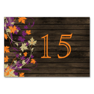 Barnwood plum fall leaves wedding table numbers