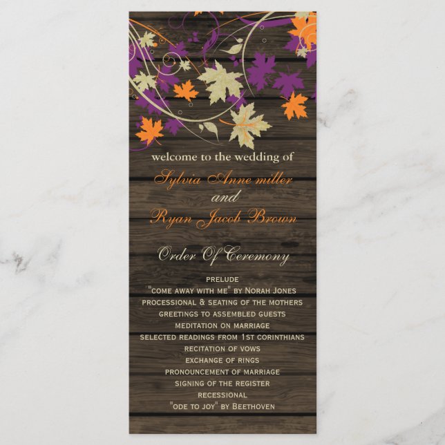 Barnwood plum fall wedding programs tea length (Front)