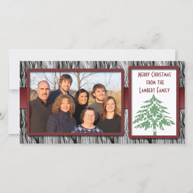 Barnwood Red Border Woodsy Pine Tree Photo Cards (Front)