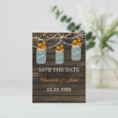 Barnwood Rustic fall leaves mason jars save dates Announcement Postcard (Standing Front)
