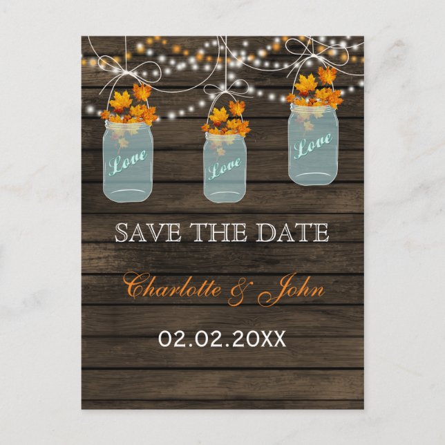 Barnwood Rustic fall leaves mason jars save dates Announcement Postcard (Front)