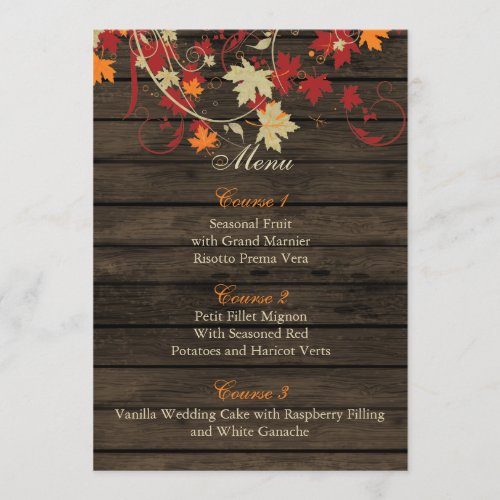 Barnwood Rustic fall leaves wedding menu cards