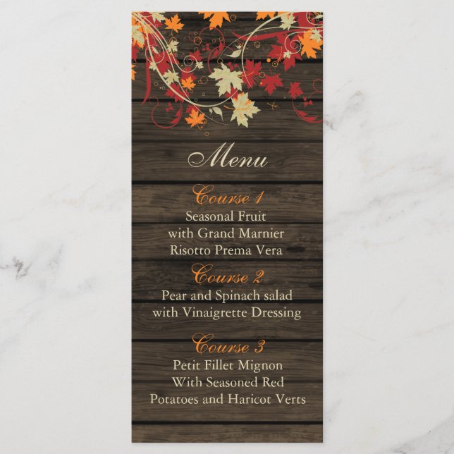 Barnwood Rustic ,fall leaves wedding menu cards (Front)