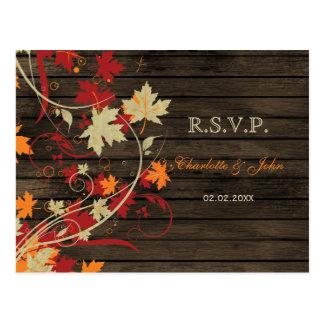Barnwood Rustic ,fall leaves wedding RSVP Postcard