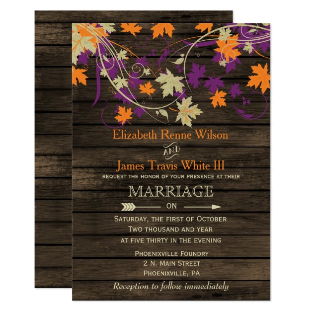 Barnwood, Rustic Fall Plum Leaves Wedding Invites