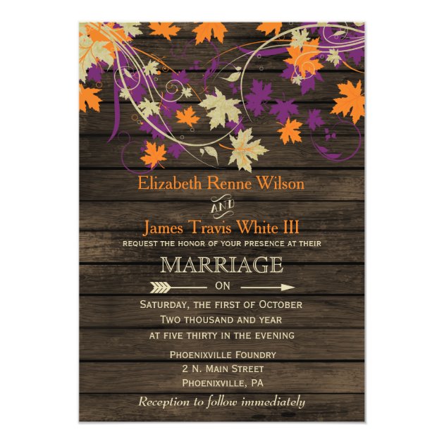 Barnwood, Rustic Fall Plum Leaves Wedding Invites