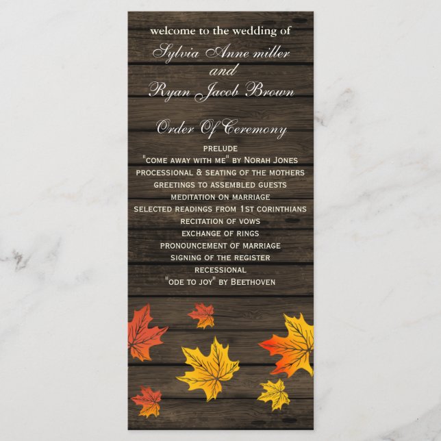 barnwood rustic fall wedding programs tea length (Front)