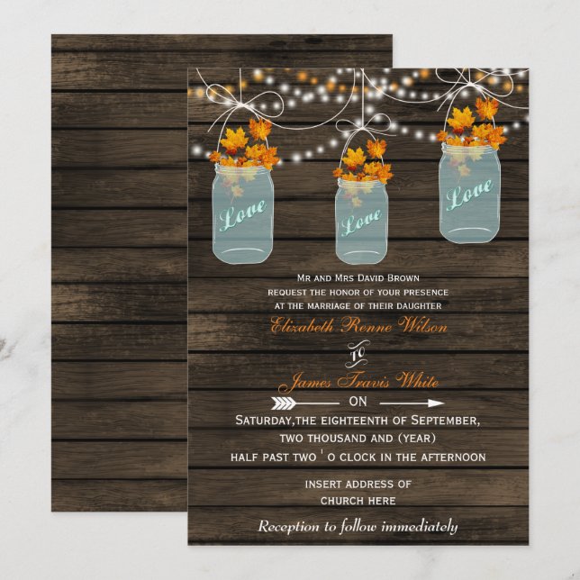 Barnwood, Rustic mason jar fall wedding Invitation (Front/Back)