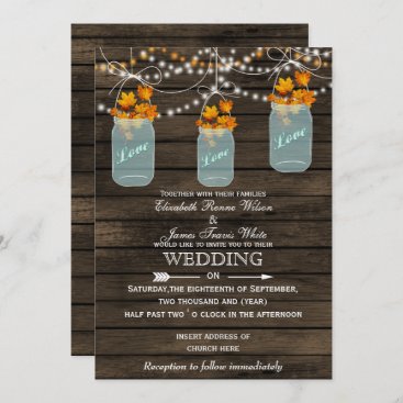 Barnwood, Rustic mason jar Fall wedding invitation
