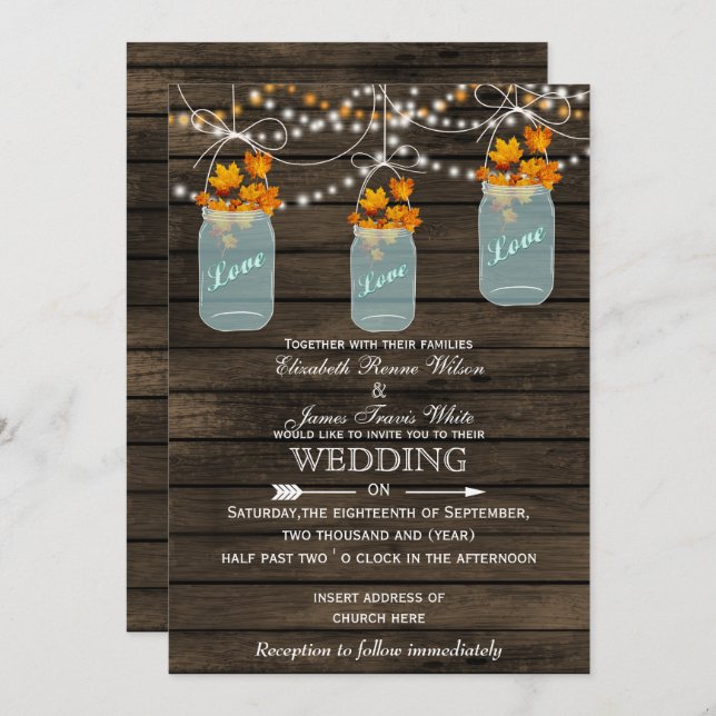 Barnwood, Rustic mason jar Fall wedding invitation (Front/Back)