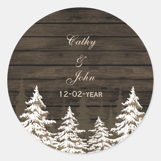 Barnwood Rustic Pine trees, winter favor stickers (Front)