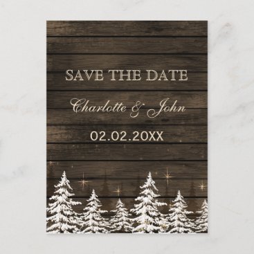 Barnwood Rustic Pine trees, winter save the date Announcement Postcard