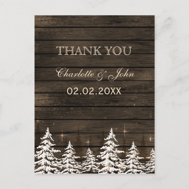 Barnwood Rustic Pine trees, winter Thank You notes (Front)