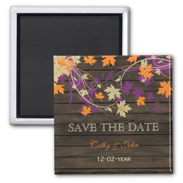 Barnwood Rustic plum fall leaves save the Date Magnet (Front)