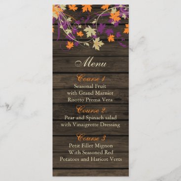 Barnwood Rustic plum fall leaves wedding menu card