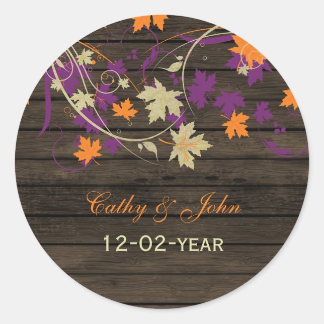 Barnwood Rustic plum fall wedding favor stickers (Front)